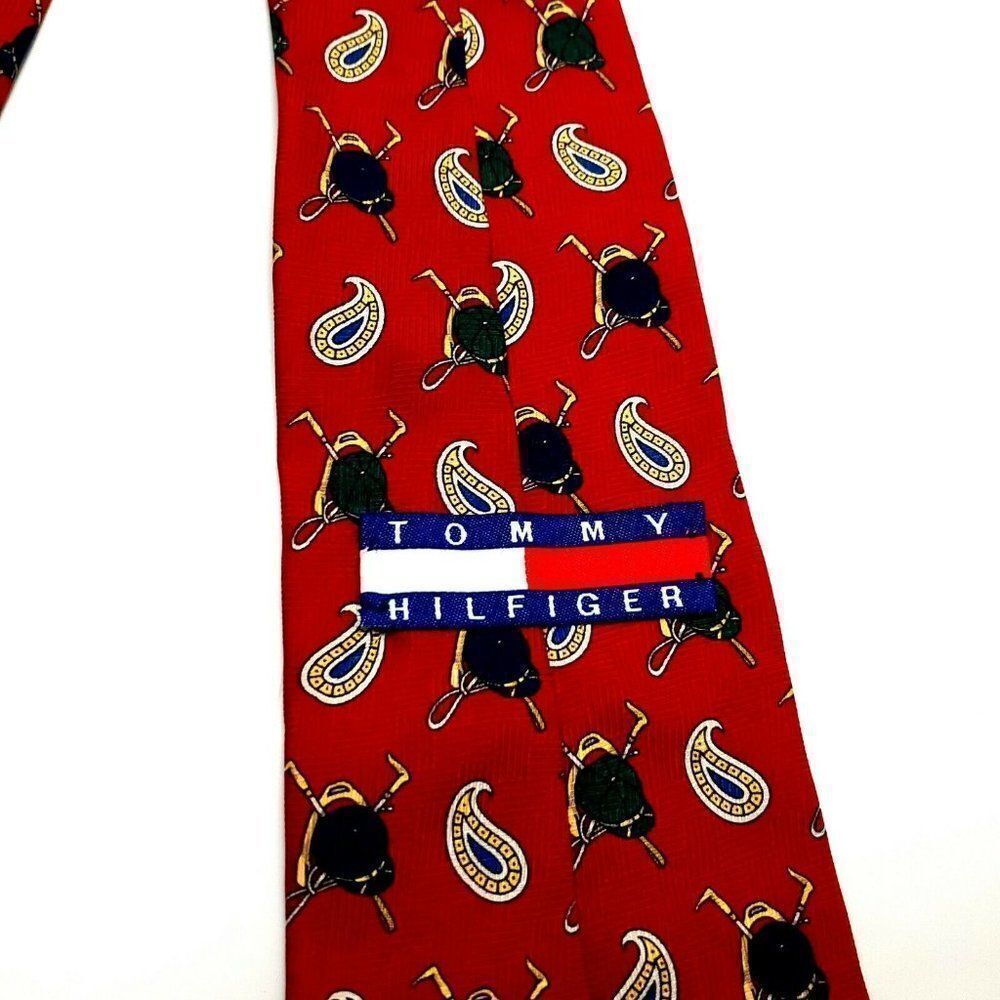 Vintage Tommy Hilfiger Colorblock Logo Silk Tie Print Red Jockey Short Wide‎ - Picture 3 of 6